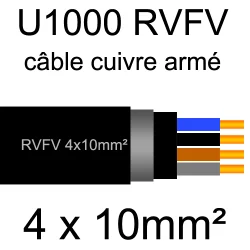 câble électrique armé renforcé âme cuivre U1000 RVFV 4 conducteurs section 10mm² sans terre