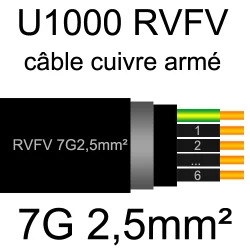 câble électrique armé renforcé âme cuivre U1000 RVFV 7 conducteurs section 2.5mm²