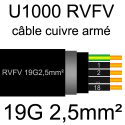 câble électrique armé renforcé âme cuivre U1000 RVFV 19 conducteurs section 2.5mm²