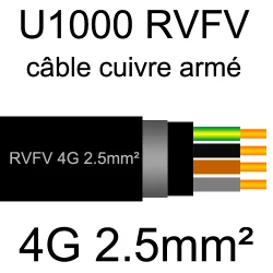 câble électrique armé renforcé âme cuivre U1000 RVFV 4 conducteurs section 2.5mm²