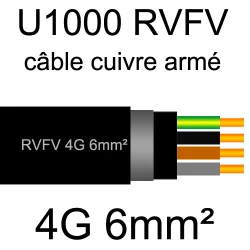 câble électrique armé renforcé âme cuivre U1000 RVFV 4 conducteurs section 6mm²