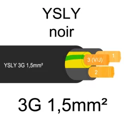 câble cuivre souple noir pour extérieur série YSLY 3 conducteurs 1.5mm²
