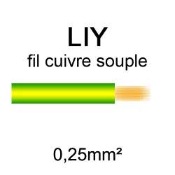 fil de câblage en cuivre souple série LIY section 0.25mm² vert et jaune