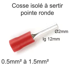 cosse isolée à sertir à pointe ronde roulée 0.5mm2 1.5mm2 pointe D2x12mm
