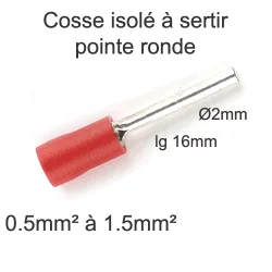 cosse isolée à sertir à pointe ronde roulée 0.5mm2 1.5mm2 pointe D2x16mm