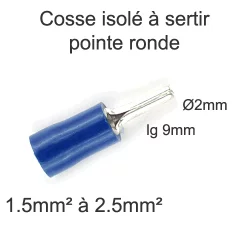 cosse isolée à sertir à pointe ronde roulée 1.5mm2 2.5mm2 pointe D2x9mm