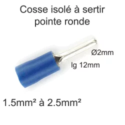 cosse isolée à sertir à pointe ronde roulée 1.5mm2 2.5mm2 pointe D2x12mm