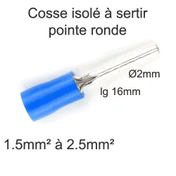 cosse isolée à sertir à pointe ronde roulée 1.5mm2 2.5mm2 pointe D2x16mm
