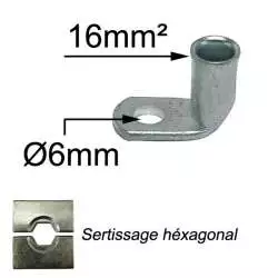 cosse coudée tubulaire à sertir pour câble électrique section 16mm2 trou de raccordement diamètre M6