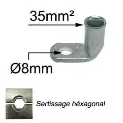 cosse coudée tubulaire à sertir pour câble électrique section 35mm2 trou de raccordement diamètre M8