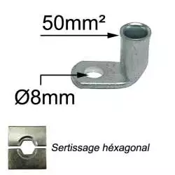 cosse coudée tubulaire à sertir pour câble électrique section 50mm2 trou de raccordement diamètre M8