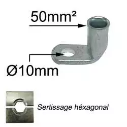 cosse coudée tubulaire à sertir pour câble électrique section 50mm2 trou de raccordement diamètre M10