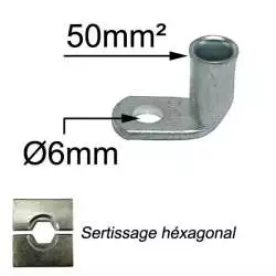 cosse coudée tubulaire à sertir pour câble électrique section 50mm2 trou de raccordement diamètre M6