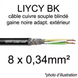 câble électrique blindé noir LIYCY BK pour exterieur 8 fils conducteurs section 0.34mm² 8x0.34mm2