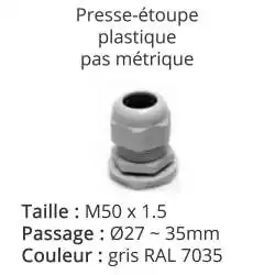 presse etoupe etanche IP68 gris RAL 7035 avec contre ecrou taille M50x1.5