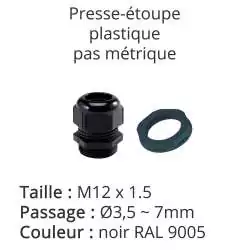 presse etoupe etanche IP68 noir RAL 9005 avec contre ecrou taille M12x1.5