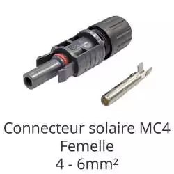 connecteur solaire photovoltaique femelle MC4 vue du boitier et du connecteur métal connecteur solaire photovoltaique femelle MC4 vue du boitier et du connecteur métal