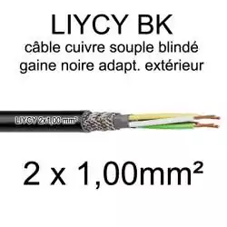 câble électrique blindé noir LIYCY BK pour exterieur 2 fils conducteurs section 1mm² 2x1mm2
