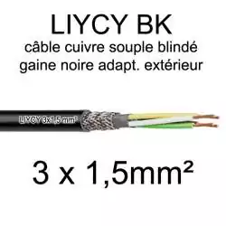 câble électrique blindé noir LIYCY BK pour exterieur 3 fils conducteurs section 1.5mm² 3x1.5mm2