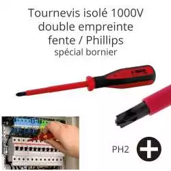 tournevis cruciforme double empreinte fente phillips cruciplat n°2 PH2 isolé 1000V avec manche bi-matière rouge et noir