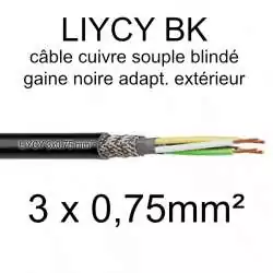 câble électrique blindé noir LIYCY BK pour exterieur 3 fils conducteurs section 0.75mm² 3x0.75mm2