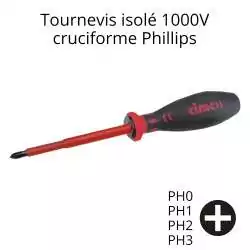 tournevis cruciforme empreinte phillips n°0 PH0 isolé 1000V avec manche bi-matière rouge et noir