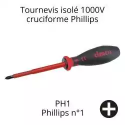 tournevis cruciforme empreinte phillips n°1 PH1 isolé 1000V avec manche bi-matière rouge et noir