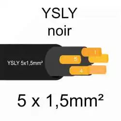 câble cuivre souple noir pour extérieur série YSLY 5 conducteurs 1.5mm² sans terre vert jaune