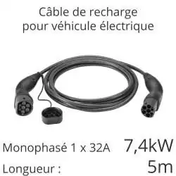 câble de recharge voiture électrique mono 7.4kw 16A 1x16 longueur 5m couleur noir