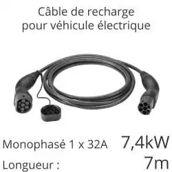 câble de recharge voiture électrique mono 7.4kw 16A 1x16 longueur 7m couleur noir
