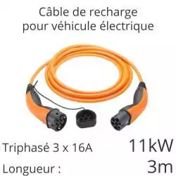 câble de recharge voiture électrique tri 11kw 16A 3x16A longueur 3m couleur orange