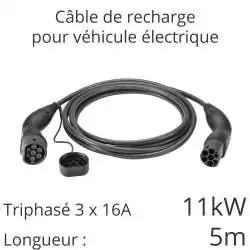 câble de recharge voiture électrique tri 11kw 16A 3x16A longueur 5m couleur noir