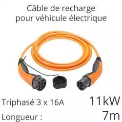 câble de recharge voiture électrique tri 11kw 16A 3x16A longueur 7m couleur orange