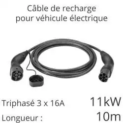 câble de recharge voiture électrique tri 11kw 16A 3x16A longueur 10m couleur noir