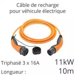 câble de recharge voiture électrique tri 11kw 16A 3x16A longueur 10m couleur orange