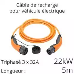 câble de recharge voiture électrique tri 22kw 32A 3x32A longueur 5m couleur orange