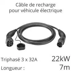 câble de recharge voiture électrique tri 22kw 32A 3x32A longueur 7m couleur noir