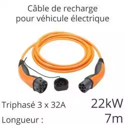 câble de recharge voiture électrique tri 22kw 32A 3x32A longueur 7m couleur orange