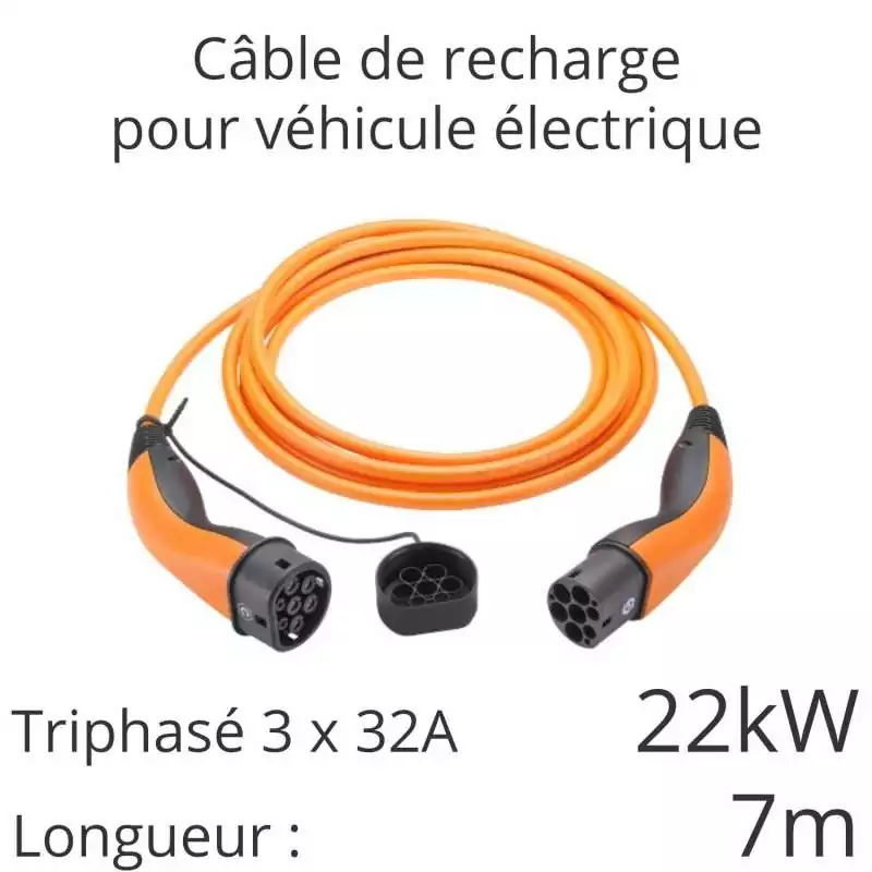 câble de recharge voiture électrique tri 22kw 32A 3x32A longueur 7m couleur orange câble de recharge voiture électrique tri 22kw 32A 3x32A longueur 7m couleur orange
