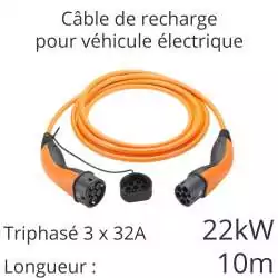 câble de recharge voiture électrique tri 22kw 32A 3x32A longueur 10m couleur orange