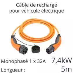 câble de recharge voiture électrique mono 7.4kw 16A 1x16 longueur 5m couleur orange