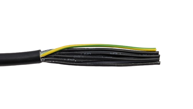 câble électrique noir YSLY-JZ avec fils noirs numérotés et un fil vert/jaune